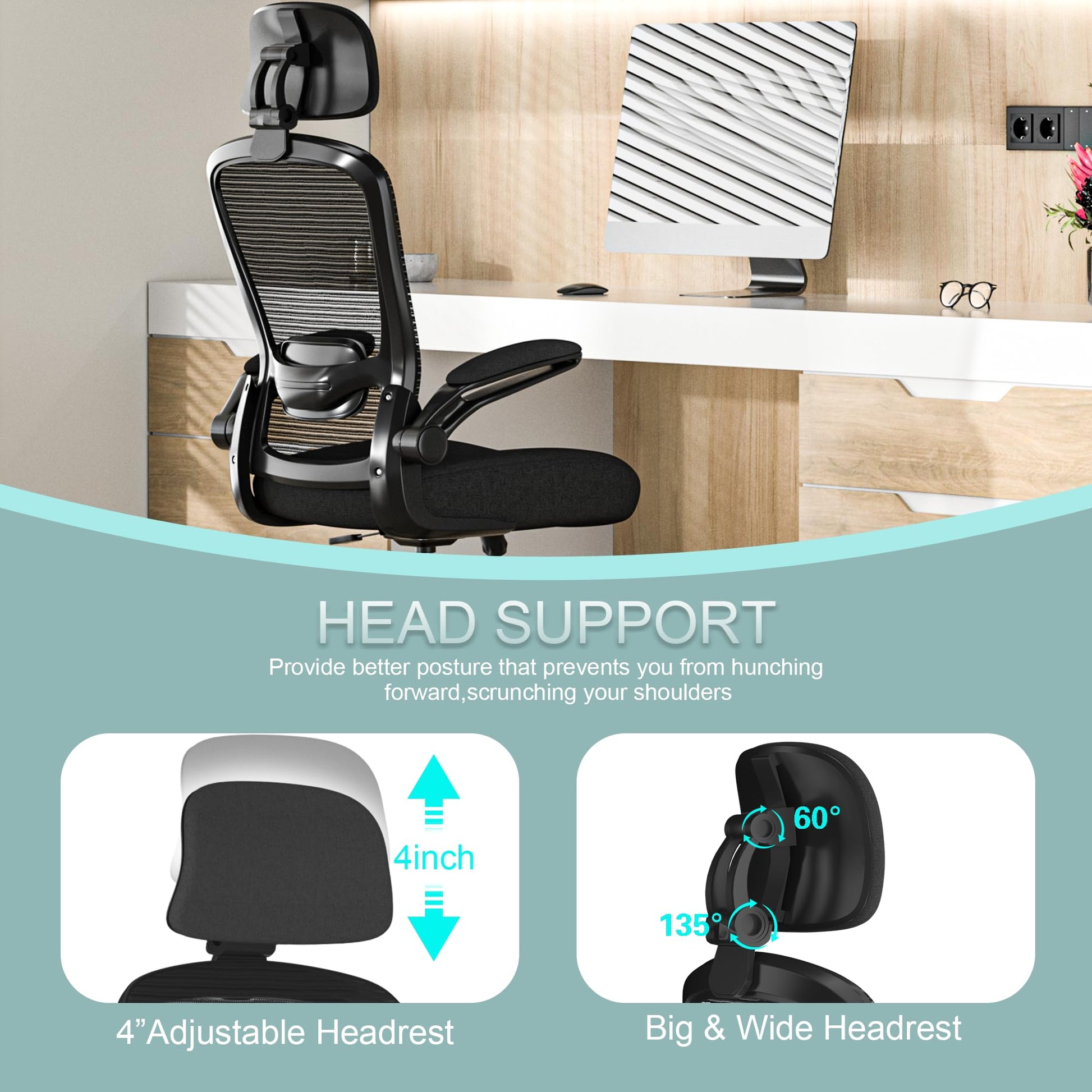 Mimoglad Office Chair, Comfy Desk Chair - High Back Ergonomic Computer Chair with Adjustable Lumbar Support & Headrest, Flip-up Armrests for Guitar Playing (Black(Black Frame))