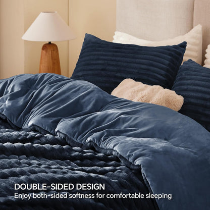 BEDELITE Fleece King Comforter Set, Soft Fluffy Bedding Set, Navy 🍁 All In One Marketplace Canada