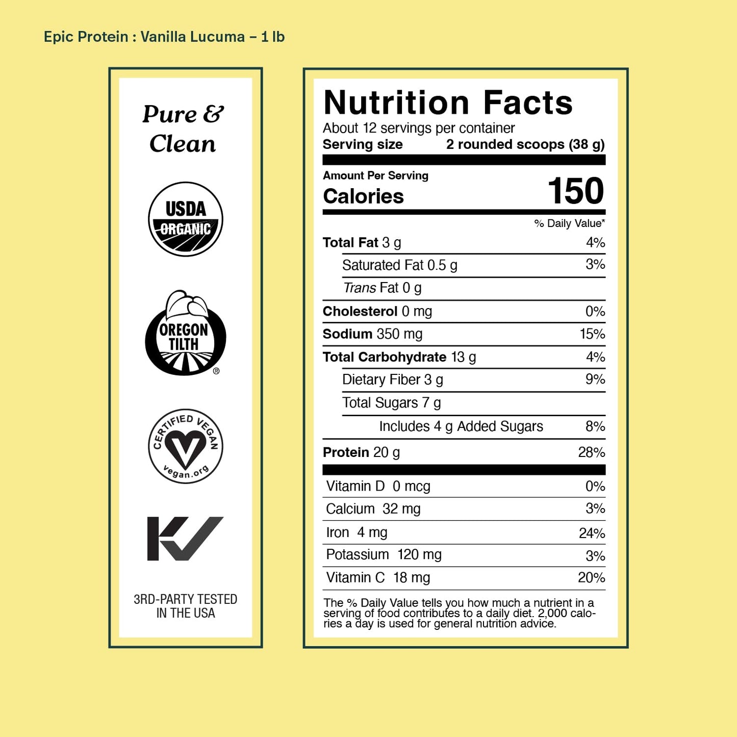Sprout Living Epic Protein Powder, Vanilla Lucuma Flavor, Organic Plant Protein, Gluten Free, No Additives, 19 Grams Clean Vegan Protein (1 pound,13 servings) Sprout Living