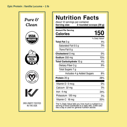 Sprout Living Epic Protein Powder, Vanilla Lucuma Flavor, Organic Plant Protein, Gluten Free, No Additives, 19 Grams Clean Vegan Protein (1 pound,13 servings) Sprout Living