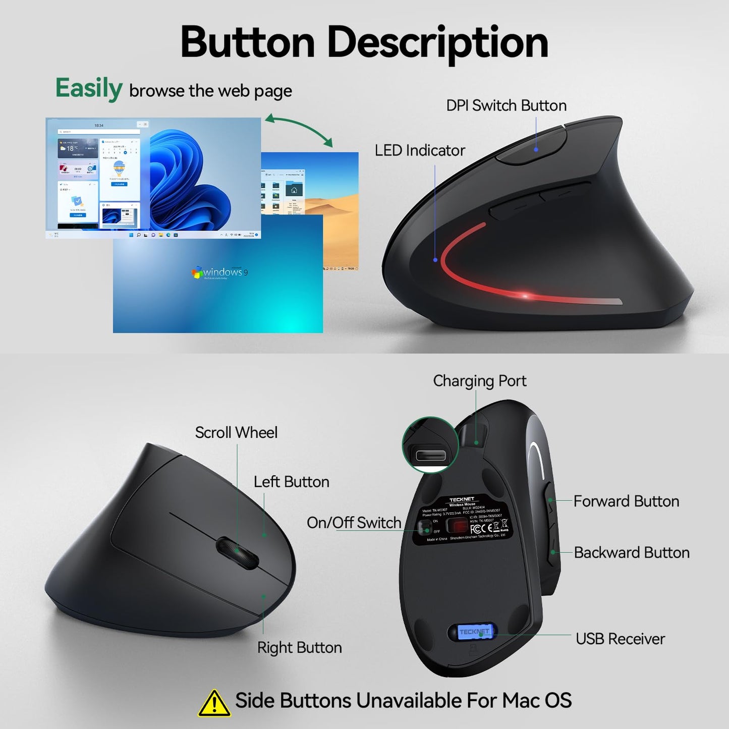 TECKNET Ergonomic Mouse, Rechargeable Vertical Ergo Mouse Wireless, Silent 2.4GHz 6 Buttons Optical Carpal Tunnel Mouse, 5 Adjustment Levels, Up to 4800DPI Wireless Mouse for Laptop, Desktop, PC - Available at All In One Marketplace Canada