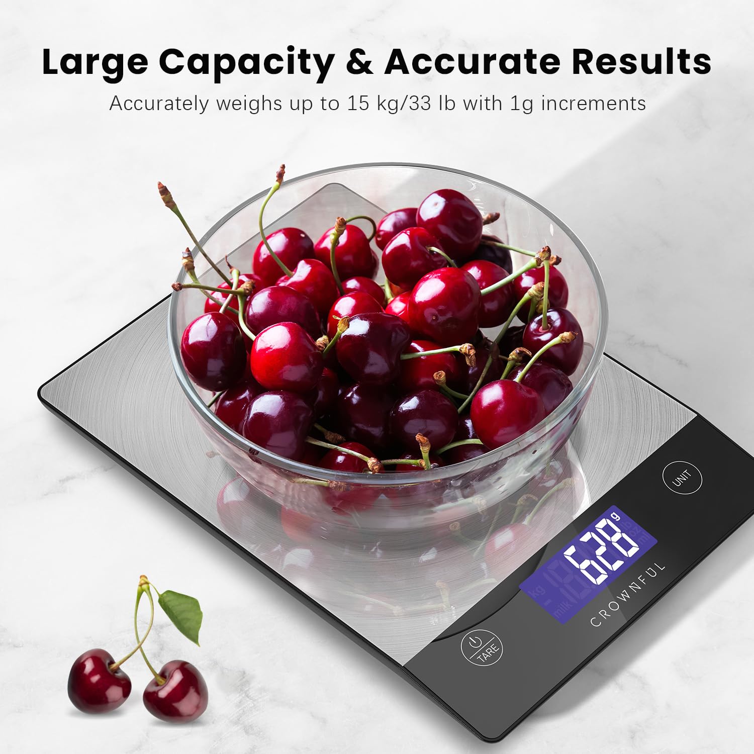 CROWNFUL Food Scale, Rechargeable 304 Stainless Steel Digital Kitchen Scale Up to 15kg/33lb Weight Grams and Ounces with LCD Display and Type-C Charging for Baking and Cooking - Available at All In One Marketplace Canada