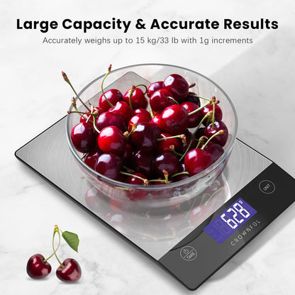 CROWNFUL Food Scale, Rechargeable 304 Stainless Steel Digital Kitchen Scale Up to 15kg/33lb Weight Grams and Ounces with LCD Display and Type-C Charging for Baking and Cooking - Available at All In One Marketplace Canada