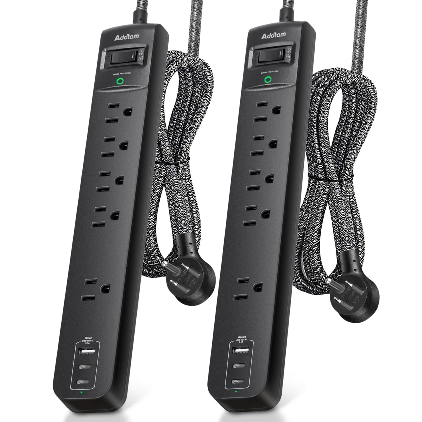 2 Pack Power Bar Surge Protector - 5 Widely Spaced Outlets 3 USB Charging Ports(2 USB C), 1875W/15A with 6Ft Braided Extension Cord, Flat Plug, Overload Surge Protection, Wall Mount for Home Office - Available at All In One Marketplace Canada
