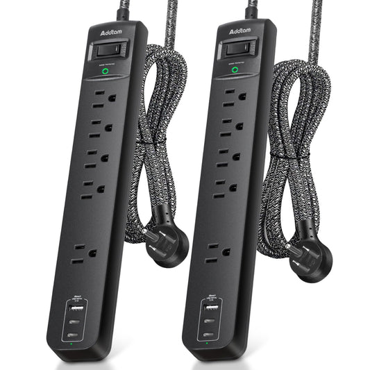 2 Pack Power Bar Surge Protector - 5 Widely Spaced Outlets 3 USB Charging Ports(2 USB C), 1875W/15A with 6Ft Braided Extension Cord, Flat Plug, Overload Surge Protection, Wall Mount for Home Office - Available at All In One Marketplace Canada