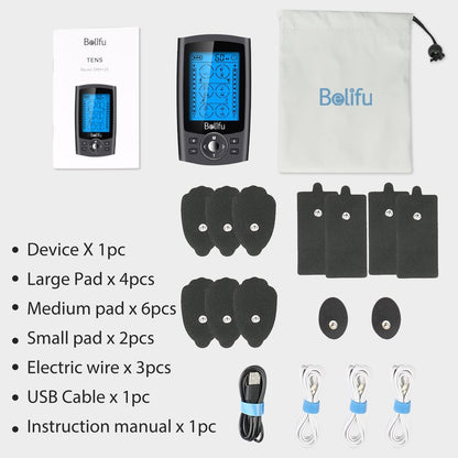 Belifu Dual Channel TENS EMS Unit with 12 Pads, 24 Modes Muscle Stimulator, Electronic Pulse Massager Muscle Massager for Pain Relief Therapy, Fastening Cable Ties, Dust-Proof Drawstring Storage Bag - Available at All In One Marketplace Canada