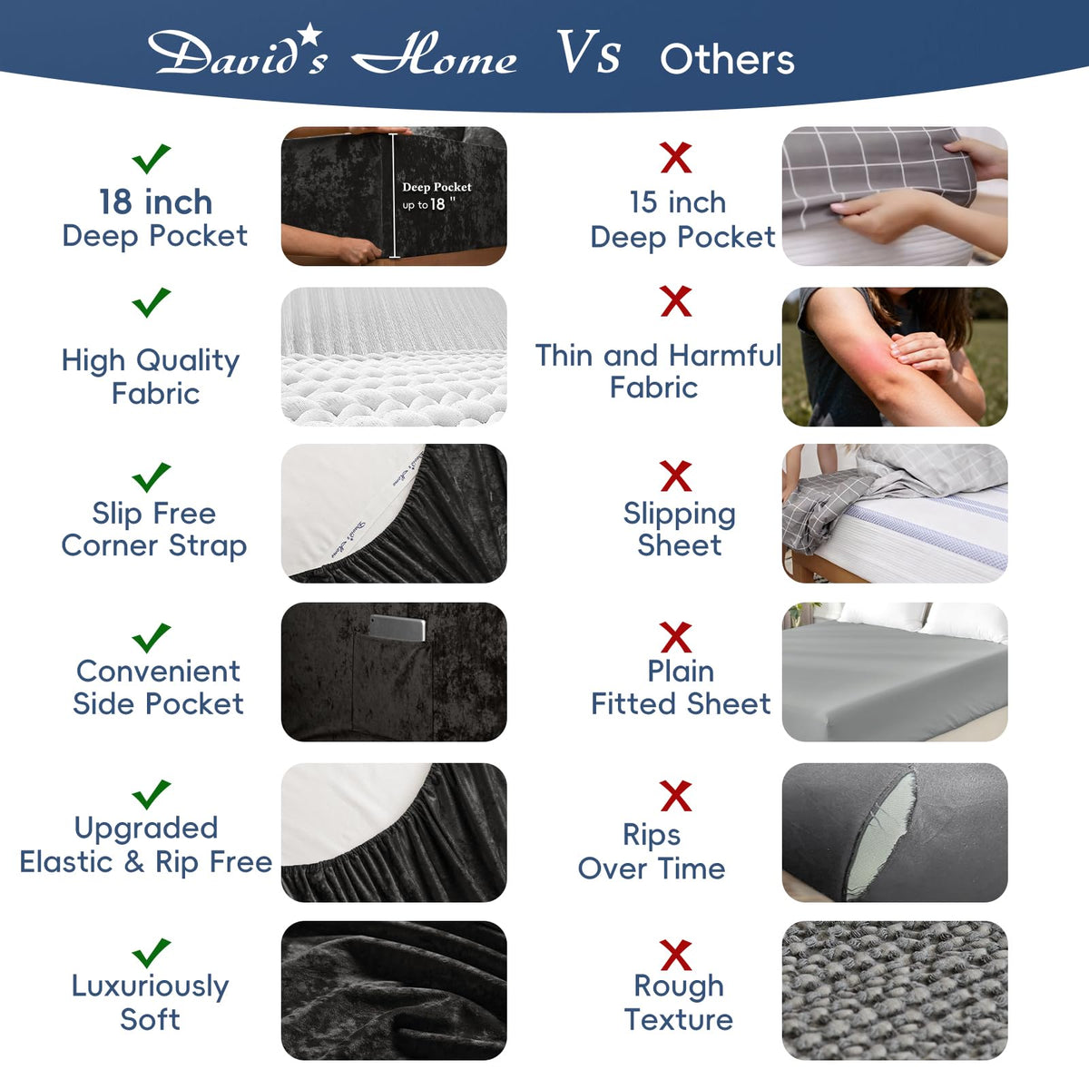 David's Home Velvet Fitted Sheets Set Queen Size Black, Extra Deep Pocket up to 18",Ultra Soft Fuzzy Luxury Plush Fleece Bottom Sheet with Side Pocket & Elastic Corner Straps, Fall Winter 🍁 All In One Marketplace Canada