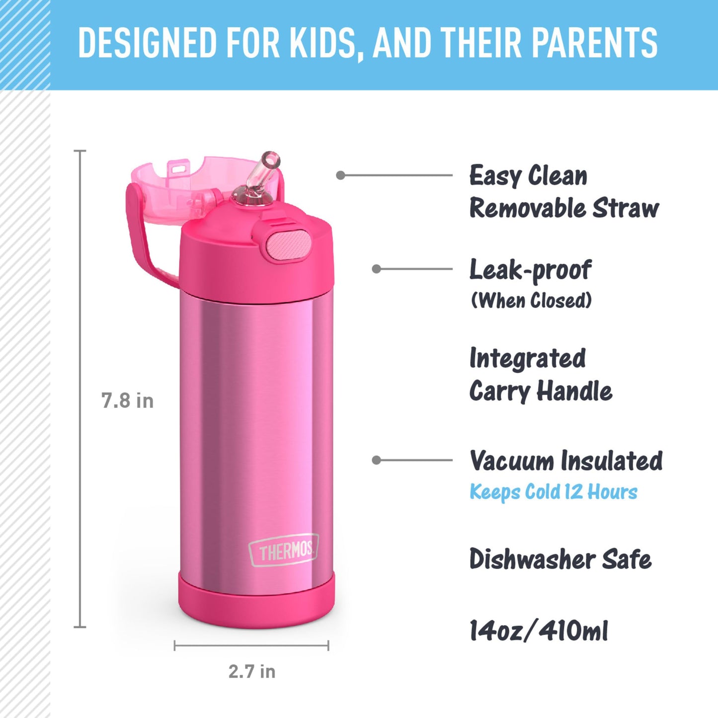 THERMOS FUNTAINER Water Bottle with Straw, 14oz, Pink