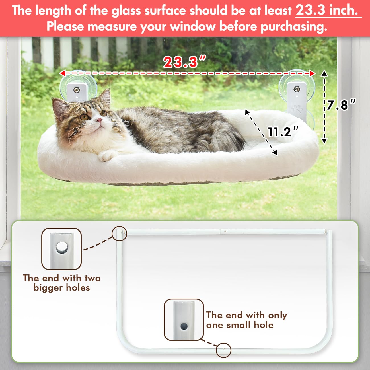 AMOSIJOY Cordless Cat Window Perch, Cat Hammock for Window with 4 Strong Suction Cups, Solid Metal Frame and Soft Cover, Foldable Cat Beds for Indoor Cats…