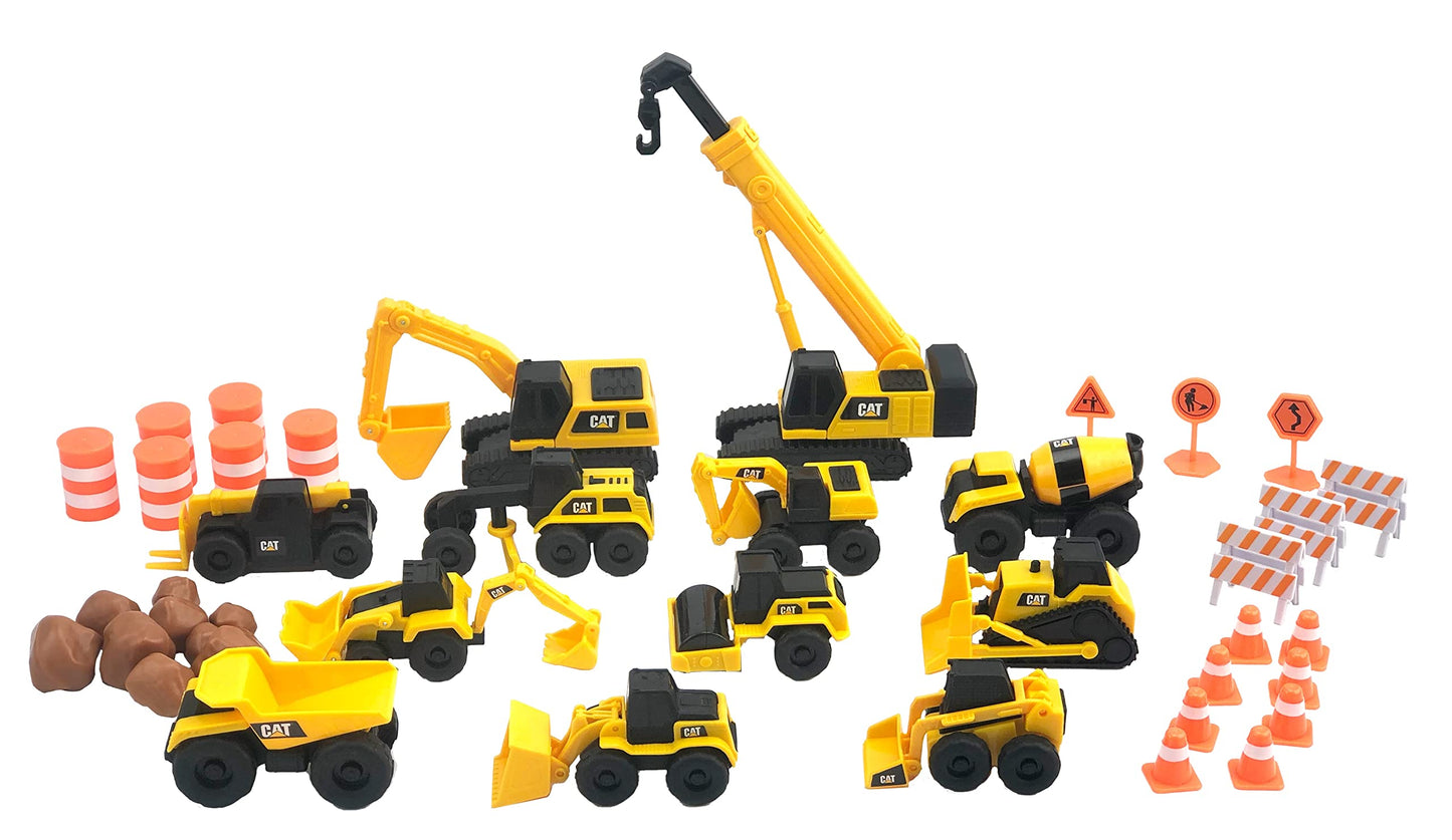 CAT Construction Toys, Little Machines Mega Set – 40+ Pieces with XL Crane & Excavator, 10 Mini Vehicles, Road Signs, Cones, Boulders & Barricades, Indoor/Outdoor STEM Toy for Kids Ages 3 + CAT
