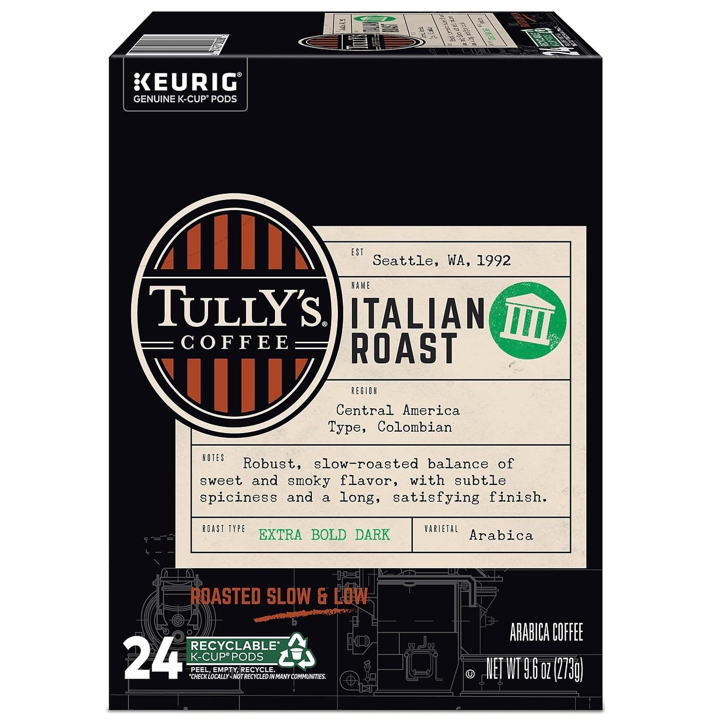 Tully's Certified Italian Roast Coffee K-Cup Pods for Keurig Coffee Makers, Box of 24 TULLY'S