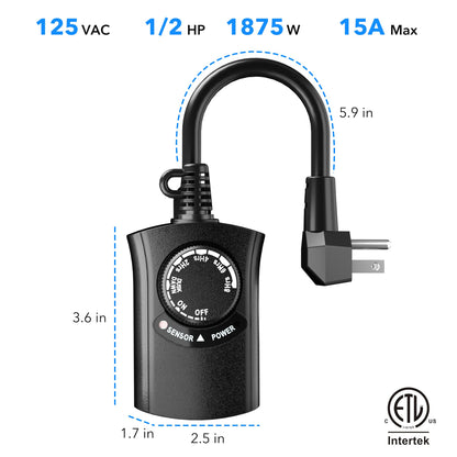 HBN Outdoor Light Timer Waterproof, Weatherproof Photocell Dusk to Dawn Light Sensor Timer 2/4/6/8 Countdown Timer, 1 Grounded Outlet for Christmas Lights，Hallowen Deceration，1875W 15A 1/2HP 🍁 All In One Marketplace Canada