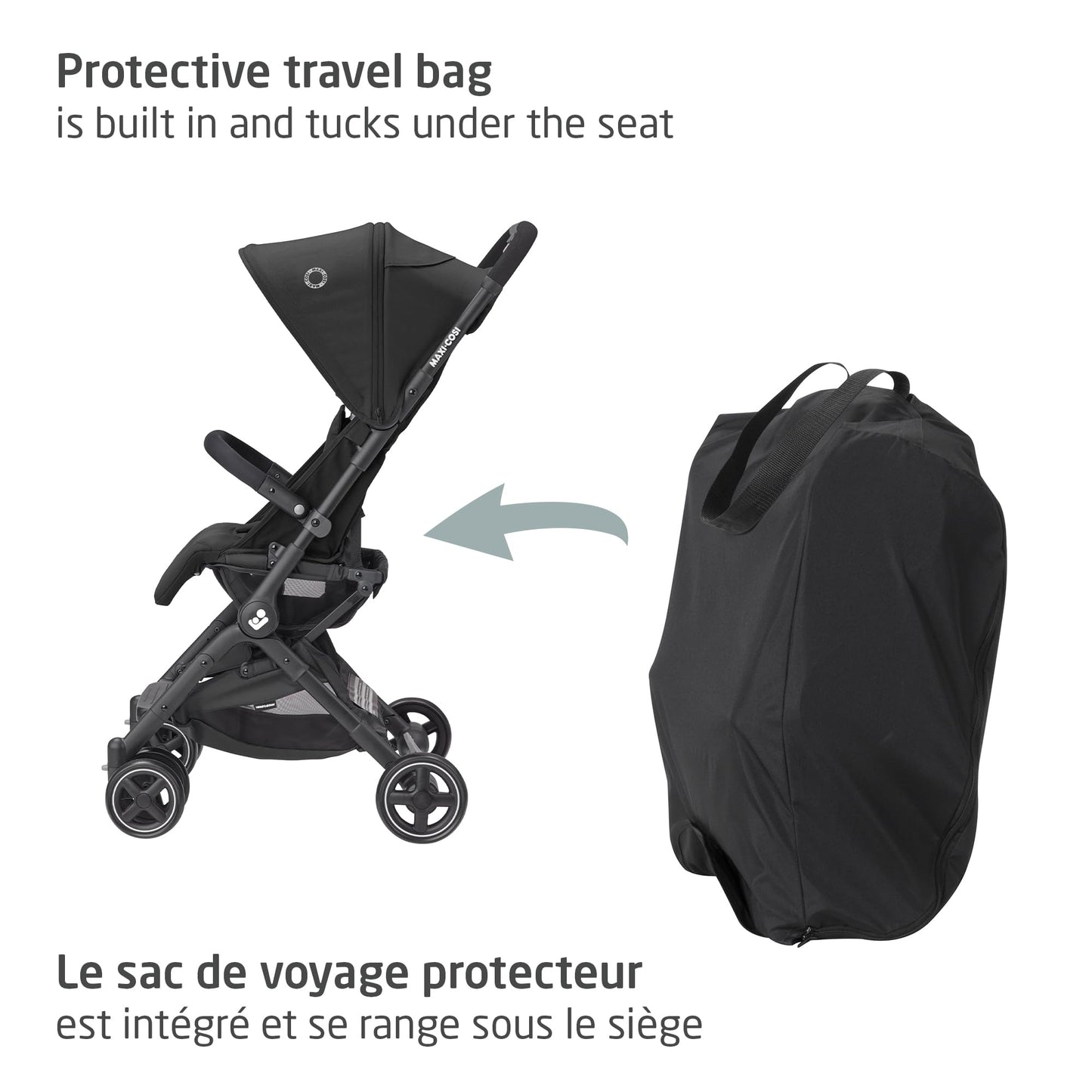 Maxi-Cosi Lara Ultra Compact Stroller, Airplane Carry-on Compliant for travel, Lightweight, one-hand fold, large storage, inludes travel bag Essential Black Maxi-Cosi