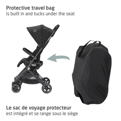 Maxi-Cosi Lara Ultra Compact Stroller, Airplane Carry-on Compliant for travel, Lightweight, one-hand fold, large storage, inludes travel bag Essential Black Maxi-Cosi