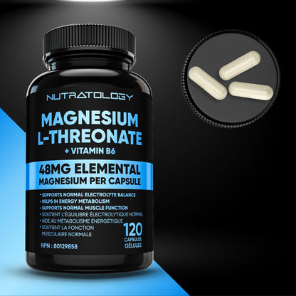 Nutratology® Magnesium L-Threonate + Vitamin B6 | Canadian-Made | Formulated To Help Support Heart & Muscle Function - Balances Electrolytes, Supports Energy Metabolism & Tissue Formation - 120 Count - Available at All In One Marketplace Canada