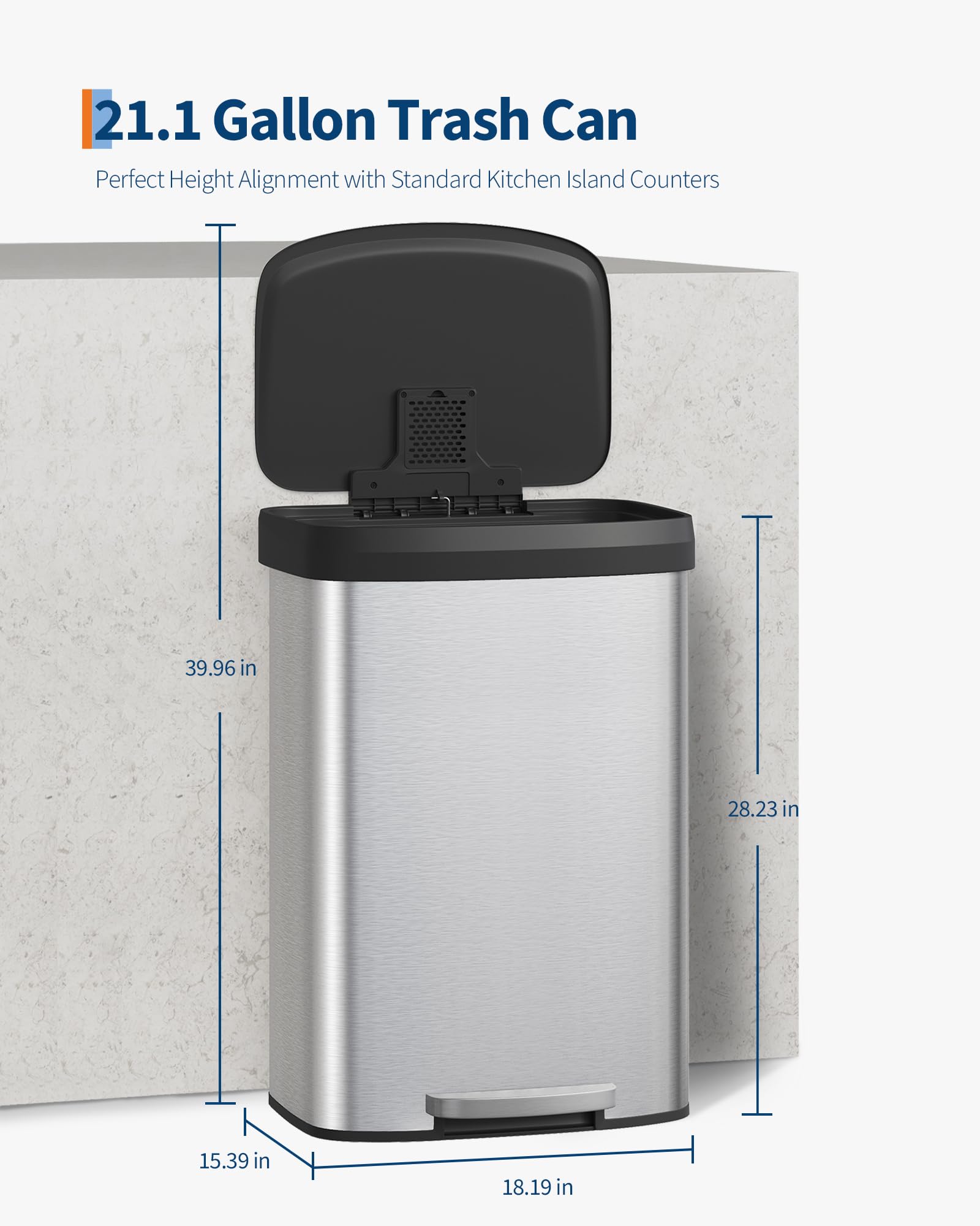 Garvee 21 Gallon / 80 Liter Stainless Steel Trash Can with Lid, Large Garbage Can for Kitchen, Rustproof Step-on Kitchen Metal Trash Bin with Liner Rim, Rear Handle, Soft Close Plastic Lid, Silver Garvee