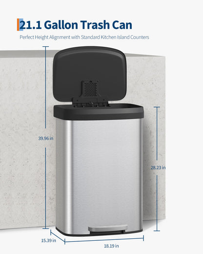 Garvee 21 Gallon / 80 Liter Stainless Steel Trash Can with Lid, Large Garbage Can for Kitchen, Rustproof Step-on Kitchen Metal Trash Bin with Liner Rim, Rear Handle, Soft Close Plastic Lid, Silver Garvee