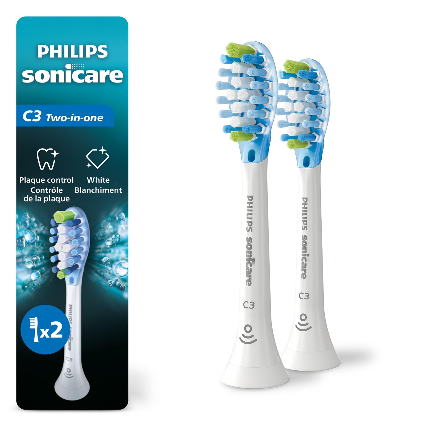 Philips Sonicare C3 2-in-1 Plaque Removal+Whitening Brush Heads, Genuine Replacement Toothbrush Heads, White, 2 Pack, HX9042/65 - Available at All In One Marketplace Canada