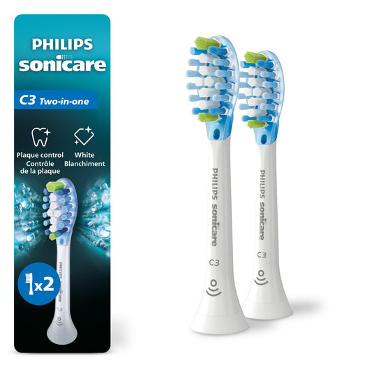 Philips Sonicare C3 2-in-1 Plaque Removal+Whitening Brush Heads, Genuine Replacement Toothbrush Heads, White, 2 Pack, HX9042/65 - Available at All In One Marketplace Canada