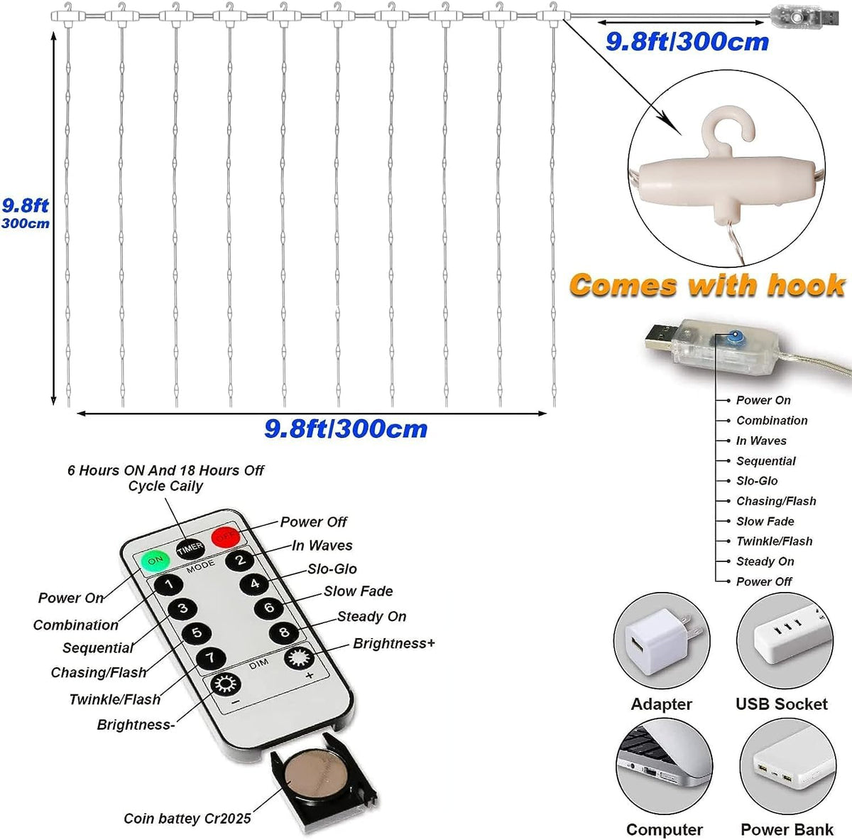 [Upgraded Version] 2 Pack Fairy Curtain Lights for Bedroom 600 LED, Christmas String Lights USB Plug in 8 Modes Wall Hanging Twinkle with Remote Control for Wedding Party Backdrop Decor Warm White 🍁 All In One Marketplace Canada