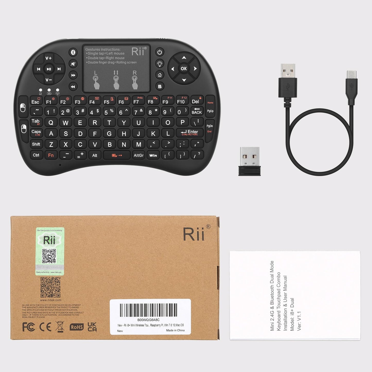 Rii i8+ Mini Wireless Keyboard,Bluetooth Keyboard with Touchpad,Handheld Remote,LED Backlit Compatible with Android TV Box, Android Smart TV,HTPC,Raspberry Pi, Win 7 8 10,Mac OS
