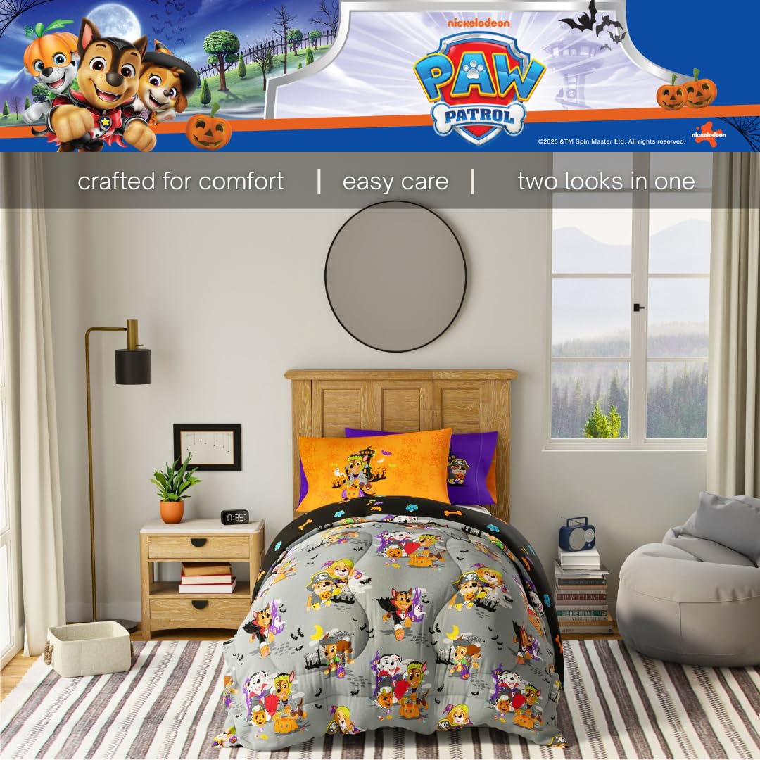 Parure de lit 5 pièces pour enfants Halloween Pat' Patrouille, ensemble de couette réversible et draps ultra-doux et confortables avec taie d'oreiller, lit simple, (produit sous licence officielle) par Franco