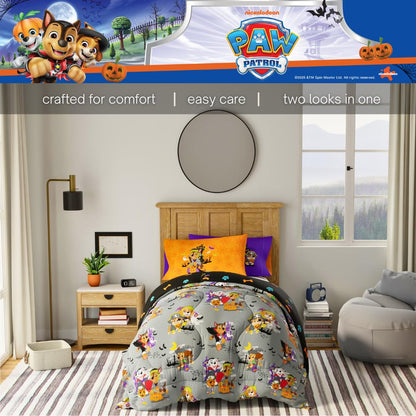 Parure de lit 5 pièces pour enfants Halloween Pat' Patrouille, ensemble de couette réversible et draps ultra-doux et confortables avec taie d'oreiller, lit simple, (produit sous licence officielle) par Franco