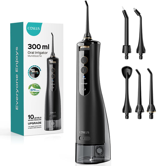 COSLUS E40 Water Portable Flosser for Teeth: Electric Flosser for Braces, Sensitive Teeth, Gums - Advanced 10 Pressure Settings for Multiple Users, Cordless for Travel, MDL, BPA-Free, Black