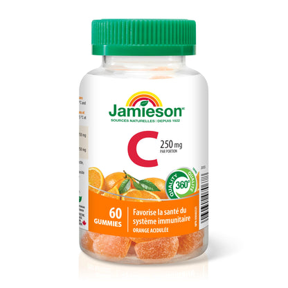 Jamieson Vitamin C 250 mg, 60 Gummies, Natural Tangy Orange Flavour. Supports Immune Health, Strong Teeth and Bones. Family Friendly (3+), Vegetarian, Non-GMO, Gelatin-Free