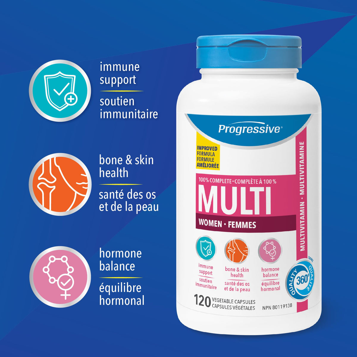 Progressive Advanced Daily Multivitamin for Adult Women, with DIM, Chastetree Berry, and Maca. Supports Immune Health, Energy and Hormone Health, 100% Complete, Canadian-Made, 120 Count