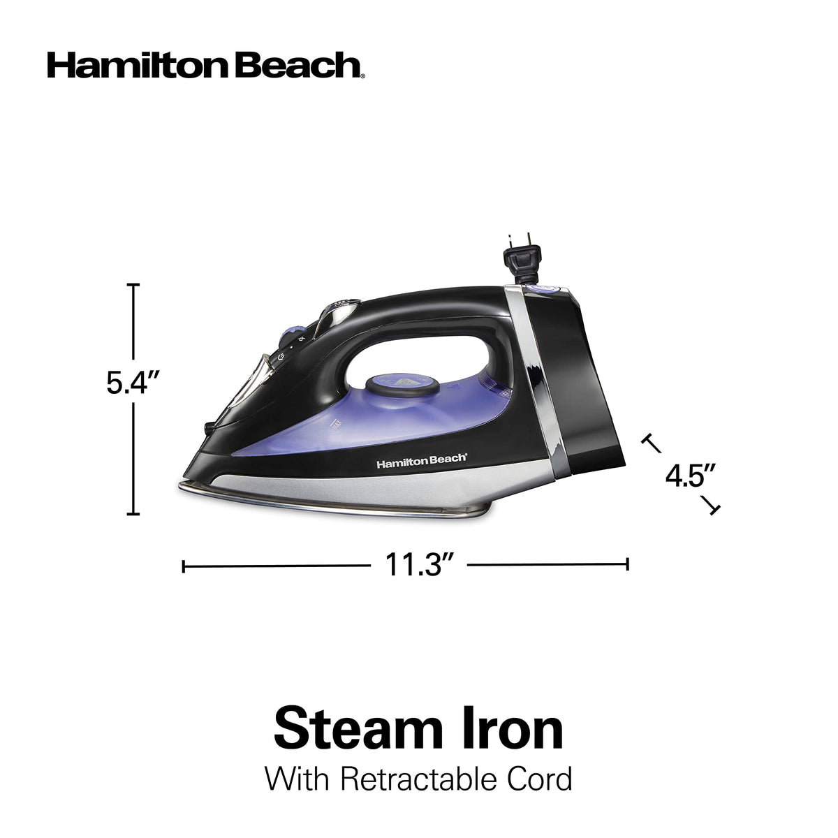 Hamilton Beach Steam Iron for Clothes, Retractable Cord Iron, Stainless Steel Soleplate, 1200W, Vertical Steam, Spray & Steam Boost, Black, 14214J