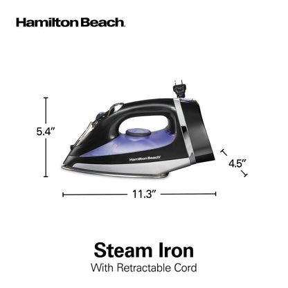 Hamilton Beach Steam Iron for Clothes, Retractable Cord Iron, Stainless Steel Soleplate, 1200W, Vertical Steam, Spray & Steam Boost, Black, 14214J