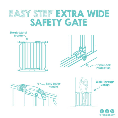 Regalo Easy Step 49-Inch Extra Wide Baby Gate, Includes 4-Inch and 12-Inch Extension Kit, 4 Pack of Pressure Mount Kit and 4 Pack of Wall Mount Kit, Black