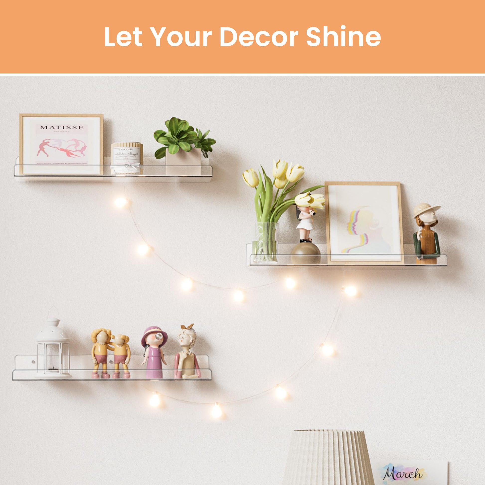 upsimples Clear Acrylic Shelves for Storage, 15" Floating Shelves Wall Mounted for Kids Bookshelf/Display Ledge for Bedroom, Living Room, Bathroom, Kitchen, Set of 4