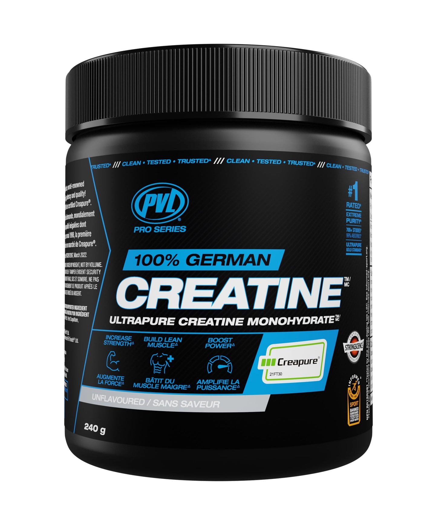 PVL Creapure Creatine Powder | 100% German Creatine Monohydrate, Canadian-Owned, Informed-Choice Tested, Unflavoured Supplement powder – 48 Servings - 240 g - Available at All In One Marketplace Canada