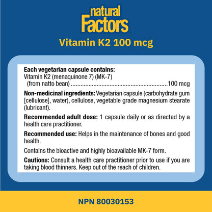 Natural Factors K2 Vitamin Supplement 100 mcg, VALUE SIZE, 360 Vegetarian Capsules, MK-7 from Natto Bean, Helps Support Bones, Vegan, Non-GMO, Proudly Canadian - Available at All In One Marketplace Canada