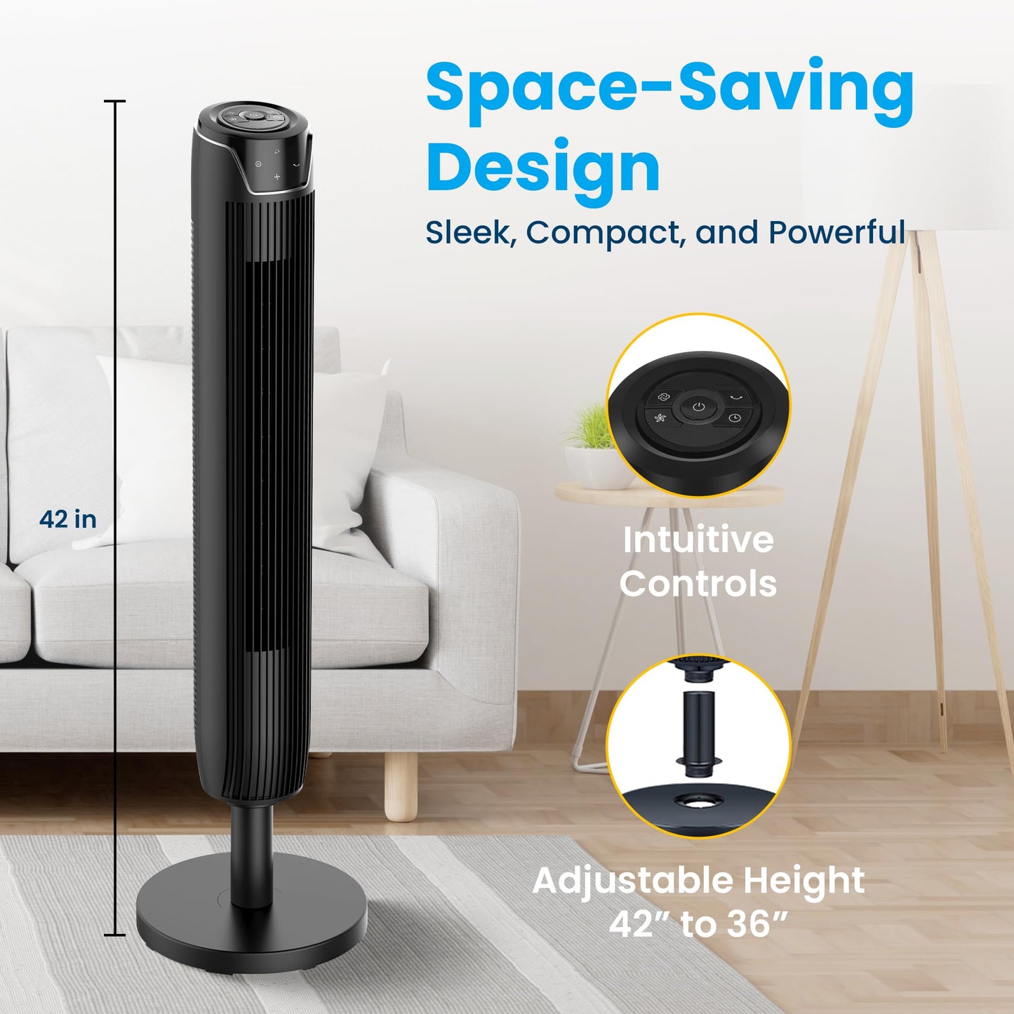 Senville 42" Oscillating Tower Fan for Bedroom, Remote, Bladeless, Quiet, 3 Modes, 7-Hour Timer, LED Display, Black