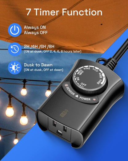 HBN Outdoor Light Timer Waterproof, Weatherproof Photocell Dusk to Dawn Light Sensor Timer with Remote Control, 2/4/6/8 Countdown Timer, 1 Grounded Outlet for Christmas Lights，1875W 15A 1/2HP 🍁 All In One Marketplace Canada