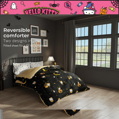 Sanrio Hello Kitty Halloween Pumpkin Full Bed Set – Super Soft & Cozy 5 Piece Reversible Comforter and Sheet Set (Officially Licensed Product) by Franco