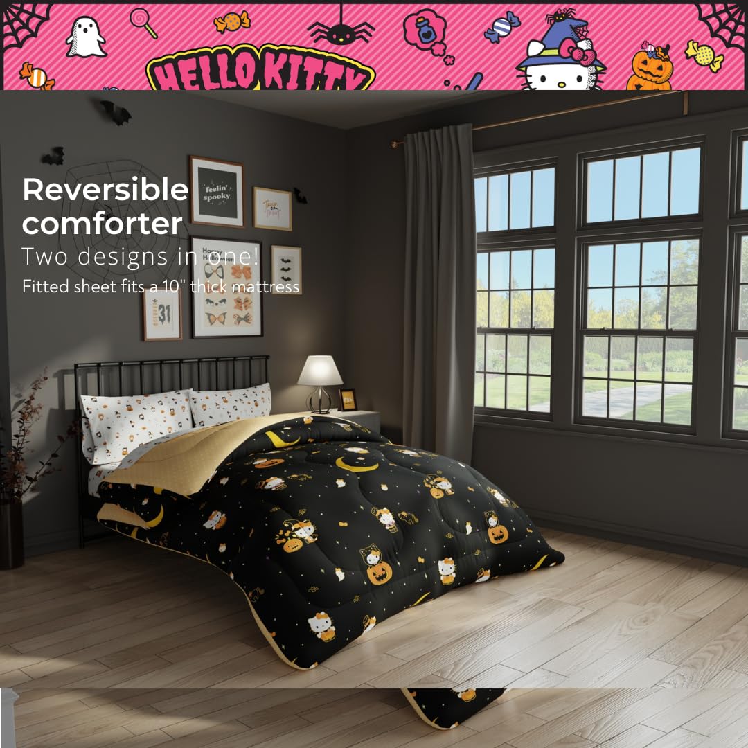 Parure de lit pour lit simple Sanrio Hello Kitty motif citrouille d'Halloween – Ensemble 4 pièces réversible, ultra doux et confortable (produit sous licence officielle) par Franco