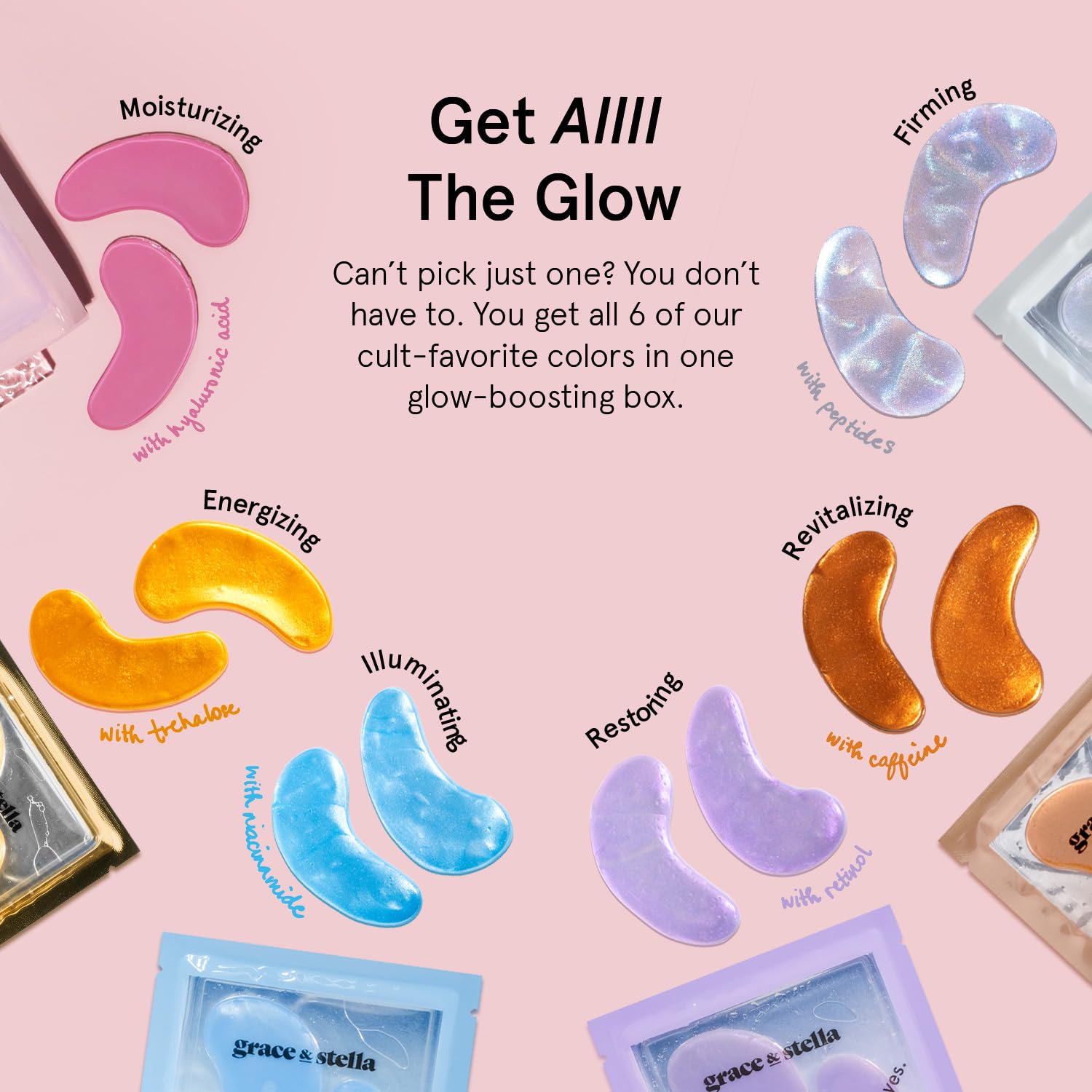 grace & stella Under Eye Mask Variety Pack - 18 Pairs of Under Eye Patches for Puffy Eyes - With 6 Colors (3 Pairs/Color) - Vegan Cruelty Free Bridesmaid Gifts, Birthday Gifts for Women