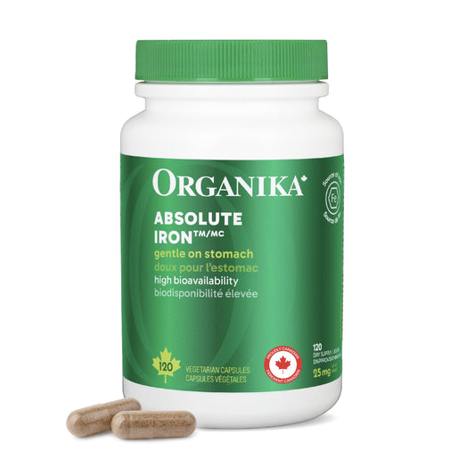 Organika Canadian-Made Absolute Iron - Iron Bisglycinate- High Availability, Gentle on Stomach, Boost Iron Levels- Beneficial for Women and Vegetarians- 120vcaps - Available at All In One Marketplace Canada