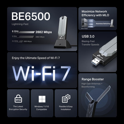TP-Link BE6500 WiFi 7 USB Adapter (Archer TBE400UH) – Tri-Band 6GHz/5GHz/2.4GHz, High-Gain Adjustable Antennas, USB 3.0 Cradle, Up to 6500 Mbps, OFDMA MU-MIMO, WPA3, Windows 10/11 🍁 All In One Marketplace Canada
