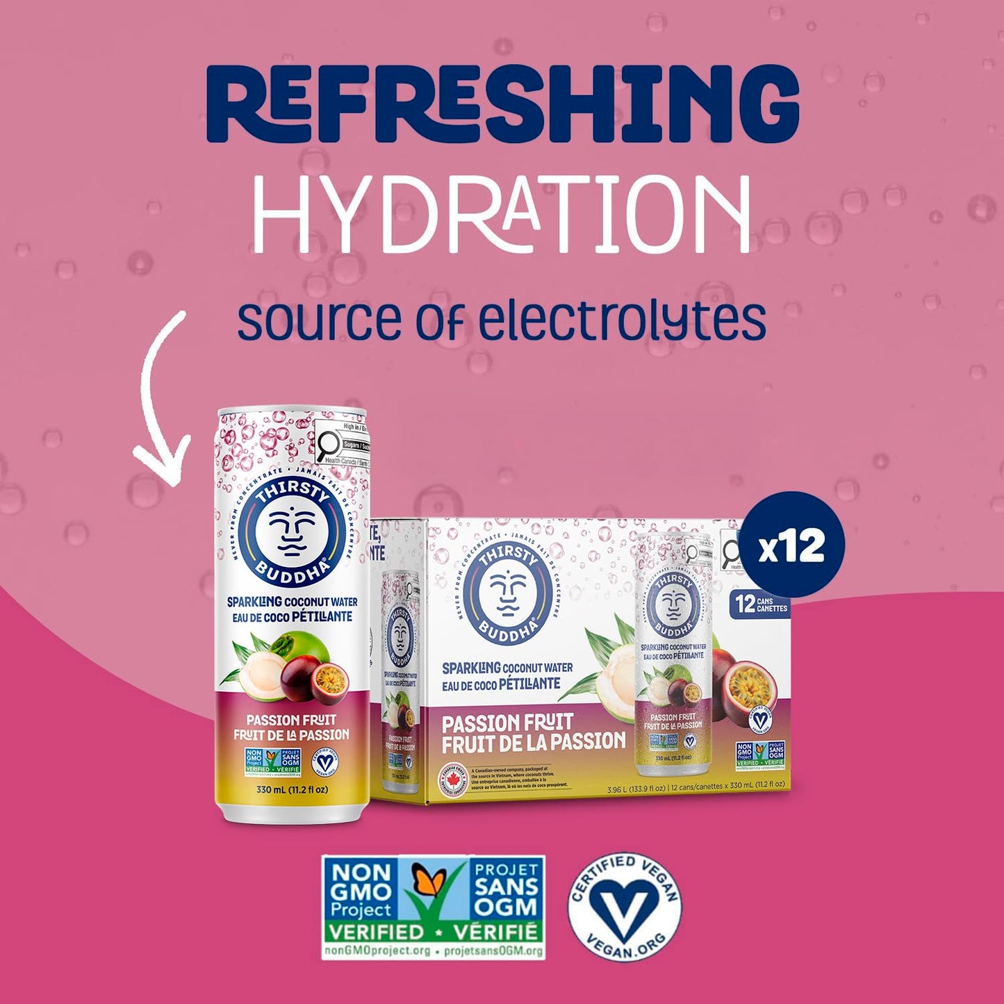 THIRSTY BUDDHA Sparkling Coconut Water with Passion Fruit, No Added Sugar, Pure Coco Drink, Natural Fruit Flavour, Electrolyte & Nutrient-Rich, 12 Pack, (12/330ml)