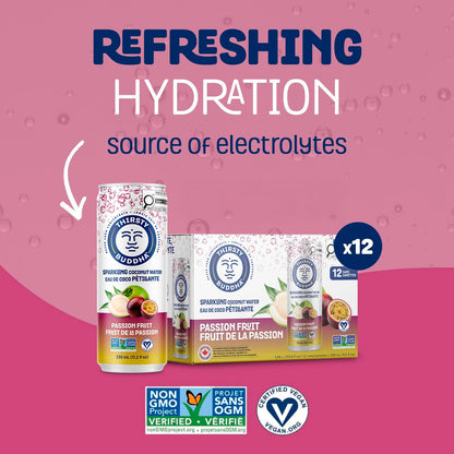 THIRSTY BUDDHA Sparkling Coconut Water with Passion Fruit, No Added Sugar, Pure Coco Drink, Natural Fruit Flavour, Electrolyte & Nutrient-Rich, 12 Pack, (12/330ml)