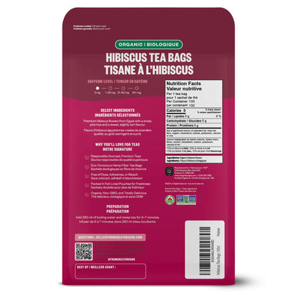 FGO Organic Hibiscus Tea - 100 Tea Bags in Resealable Eco-Friendly Packaging
