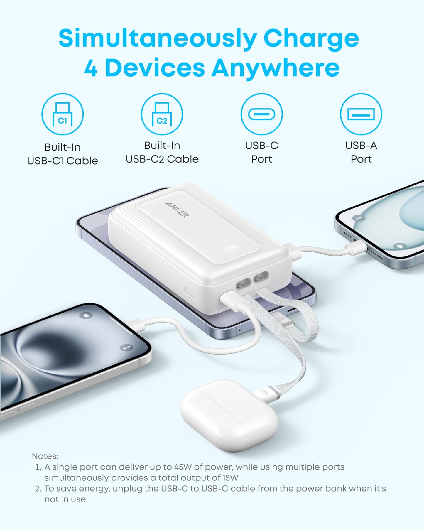 Anker Zolo Power Bank, 20,000mAh 45W Max Fast Portable Charger with Built-in USB-C Cable, USB C&A, 40W Battery Pack for iPhone 17 Series, MacBook, Samsung, and More (Built-in C Cable*2)
