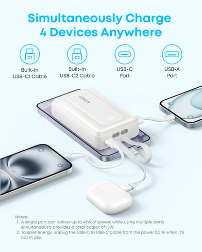 Anker Zolo Power Bank, 20,000mAh 45W Max Fast Portable Charger with Built-in USB-C Cable, USB C&A, 40W Battery Pack for iPhone 17 Series, MacBook, Samsung, and More (Built-in C Cable*2)