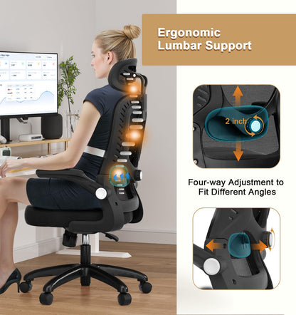 Office Chair, SPRDENG Ergonomic Office Chair with Two-Way Adjustable Lumbar Support & Headrest, High Back S-Shaped Computer Chair with Flip-up Padded Armrests, Swivel Task Chair for Home Office - Available at All In One Marketplace Canada