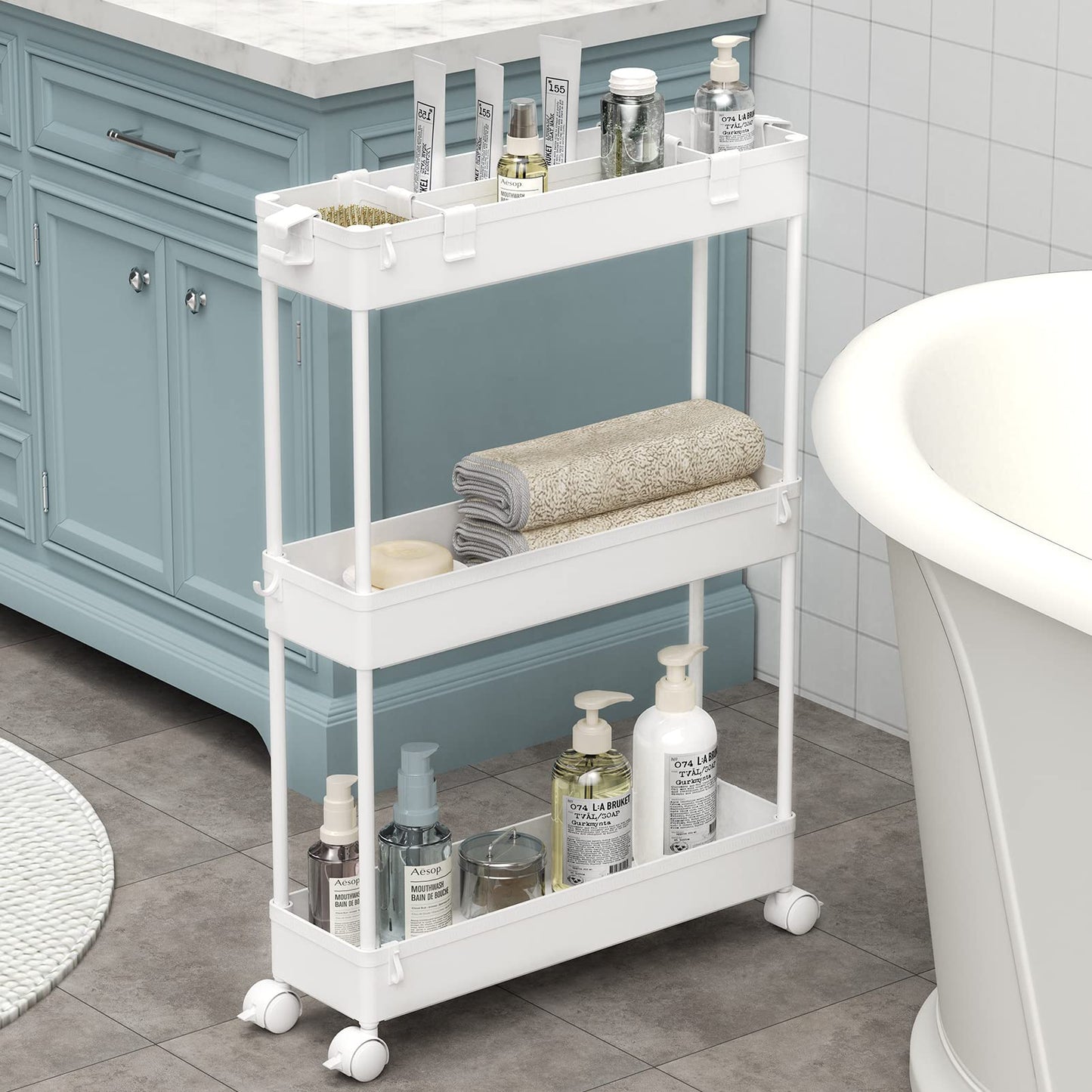 SPACELEAD Slim Storage Cart,3 Tier Bathroom Rolling Utility Cart Storage Organizer Slide Out Cart, Mobile Shelving Unit Organizer Trolley for Office Bathroom Kitchen Laundry Room Narrow Places, White - Available at All In One Marketplace Canada